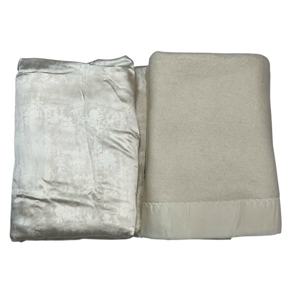 Vintage Fleece‎ Satin Trim Baby Blanket Ivory Thermal Set Of 2 - Picture 1 of 11